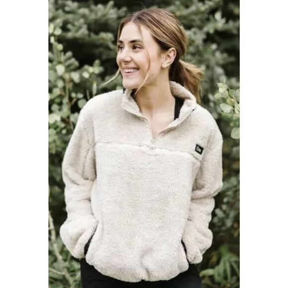Cream Tops - Zyia Teddy Jacket Cream Fleece 1/4 Zip Pocket Pullover Long Sleeve Small